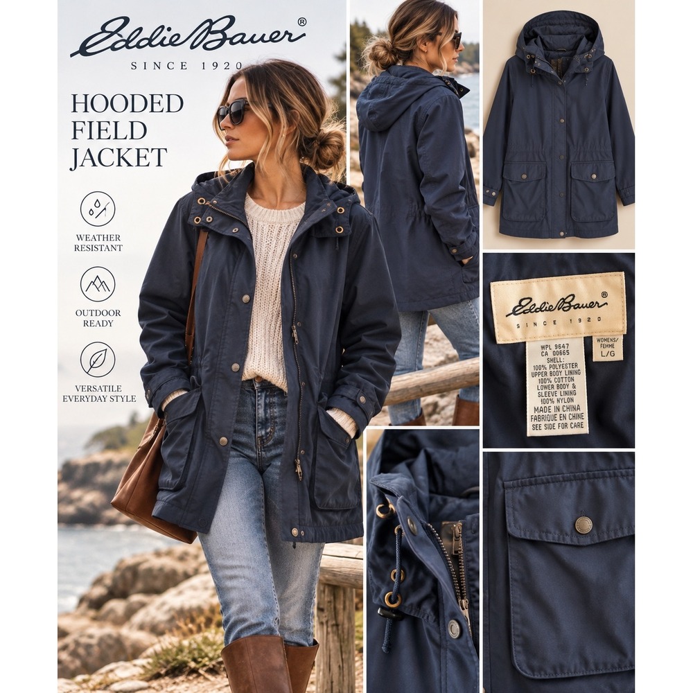 Eddie Bauer Women's L Navy Hooded Field Jacket Rain Utility Gorpcore